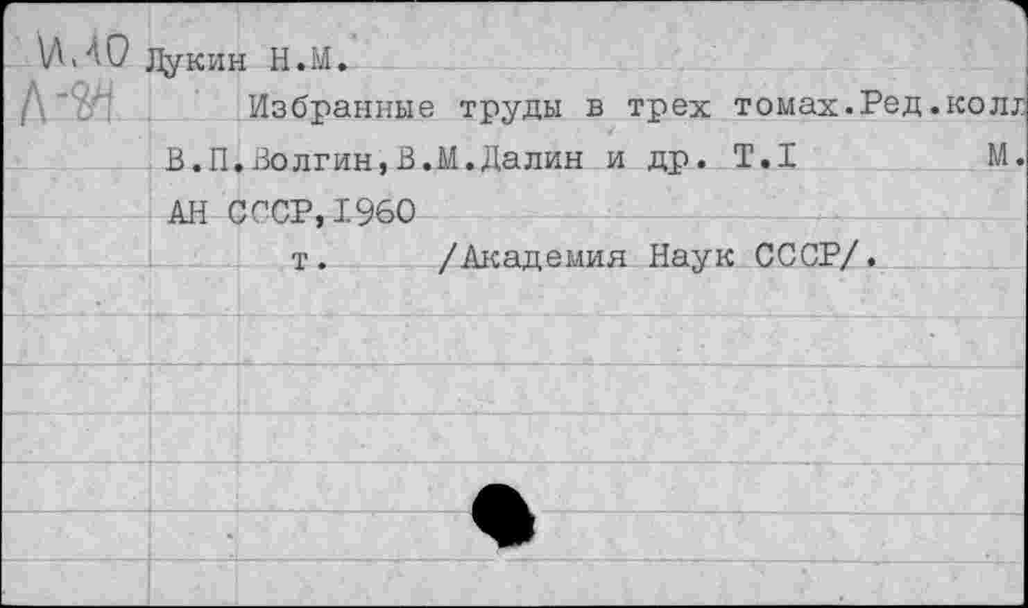 ﻿\ДЛО Лукин н.м.
им ’	угли	1 11 • ГА • Избранные труды в трех томах.Ред.колг
	в.п<	Волгин,В.М.Далин и др. Т.1	М.
	АН С	) ССР.1960
		т.	/Академия Наук СССР/.